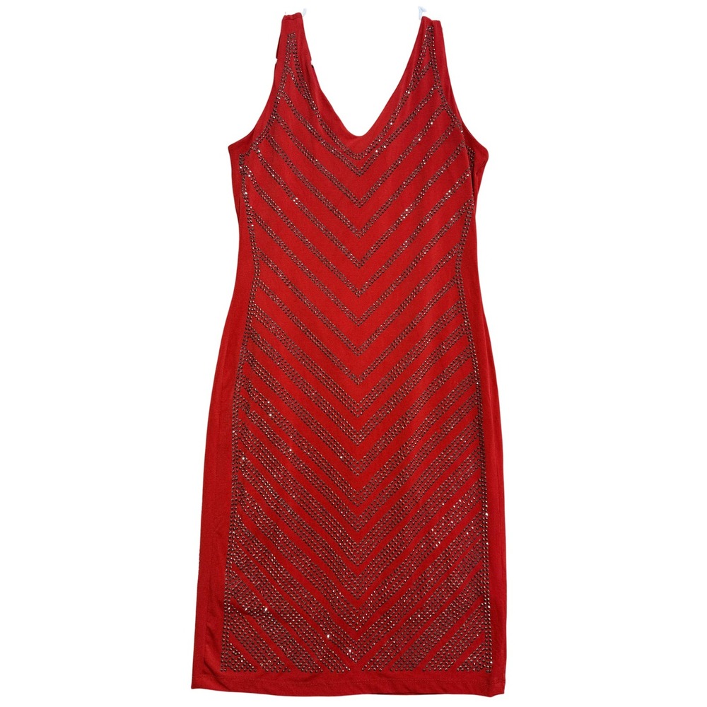 Carmen Marc Valvo Dress Womens Medium Red Embellished Bodycon V Neck Zip Back